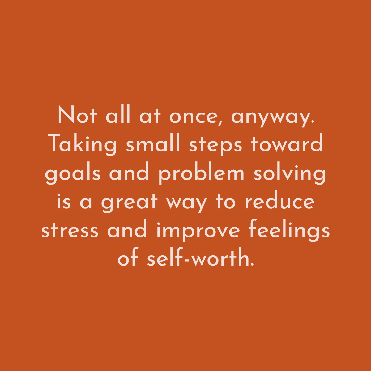 Not all at once, anyway. Taking small steps toward goals and problem solving is a great way to reduce stress and improve feelings of self-worth.